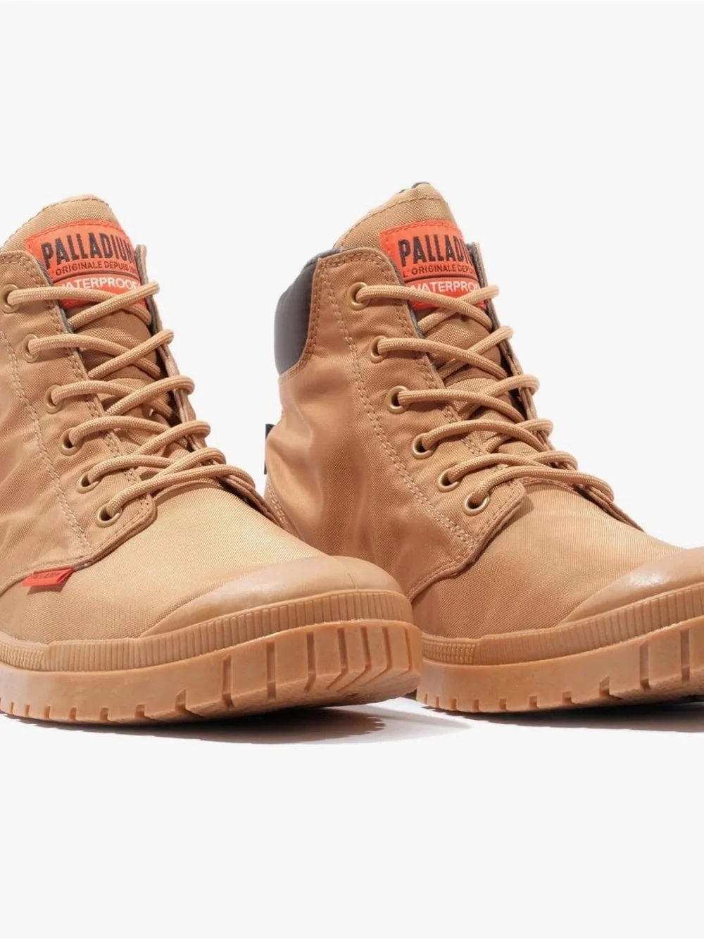Palladium Men’s Tan Canvas Waterproof Lace-Up Boot with Orange Tag